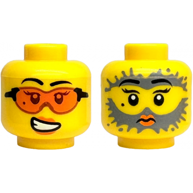yellow minifigure head dual sided female black eyebrows beauty mark orange safety glasses and lips scared open mouth with teeth surprised with dark bluish gray splotches pattern