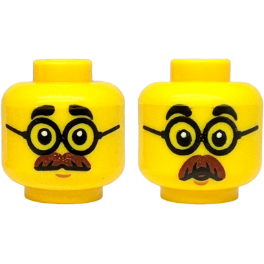 yellow minifigure head dual sided black thick eyebrows round glasses reddish brown moustache medium nougat chin dimple neutral surprised open mouth pattern