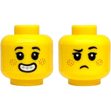 yellow minifigure head dual sided child black eyebrows and eyelashes medium nougat freckles open mouth smile with teeth and silver braces frown pattern
