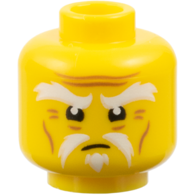 yellow minifigure head white bushy eyebrows and fu manchu moustache squinted eyes medium nougat forehead creases crows feet and cheek lines pattern