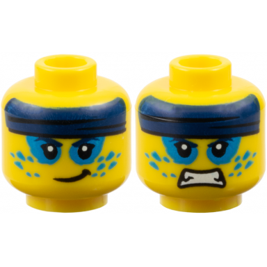 yellow minifigure head dual sided dark blue headband dark azure splotches around eyes and cheeks lopsided grin fierce pattern