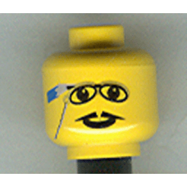 yellow minifigure head glasses with pencil behind ear and pointed moustache pattern