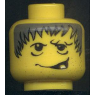 yellow minifigure head male gray spiky hair stubble one tooth smirk pattern hunchback