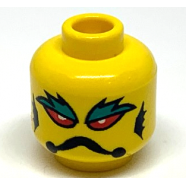 yellow minifigure head alien with red eyes white pupils dark turquoise eyebrows black frown and gills pattern