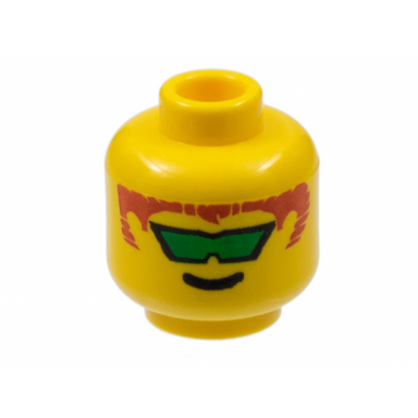 yellow minifigure head glasses with green angled sunglasses and brown hair pattern
