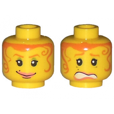 yellow minifigure head dual sided female orange hair tendrils scared smile pattern