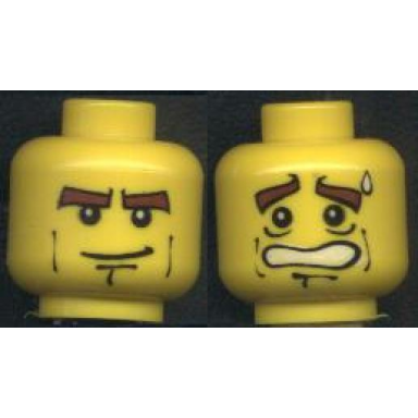 yellow minifigure head dual sided thick brown eyebrows cheek lines determined with grin sweat drop and scared open mouth pattern