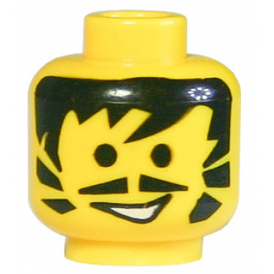 yellow minifigure head moustache pointed black hair and sideburns open mouth pattern