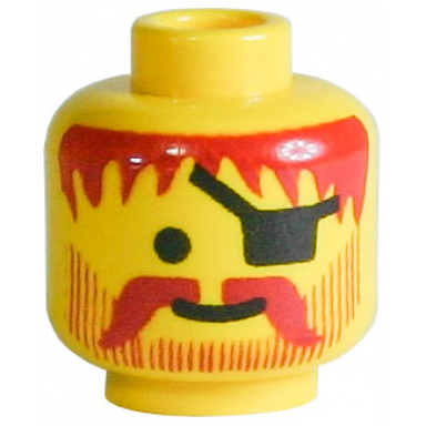 yellow minifigure head standard grin with dark red messy hair moustache and vertical lines beard black eye patch pattern