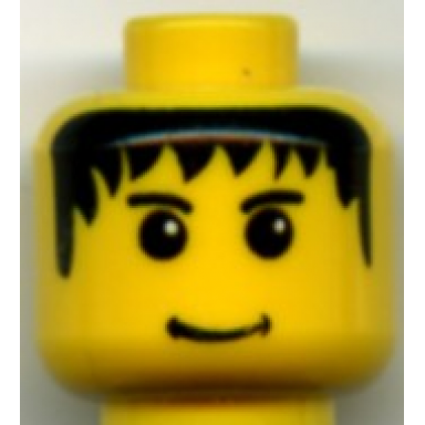 yellow minifigure head male black hair eyebrows and small grin pattern