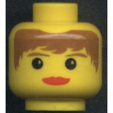 yellow minifigure head female with red lips brown hair and eyebrows pattern