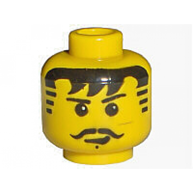 yellow minifigure head moustache black bangs striped sideburns cleft chin pattern