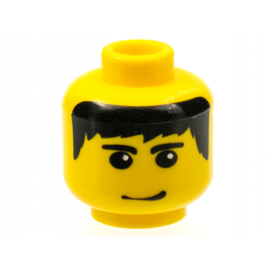 yellow minifigure head male black hair eyebrows and smirk pattern