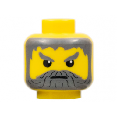yellow minifigure head beard with gray hair moustache and angry eyebrows pattern