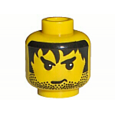 yellow minifigure head male stubble black messy hair and angry eyebrows pattern