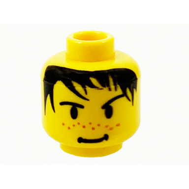yellow minifigure head male spiky black hair nose freckles and smirk pattern