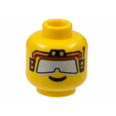 yellow minifigure head glasses with silver sunglasses and red headset pattern