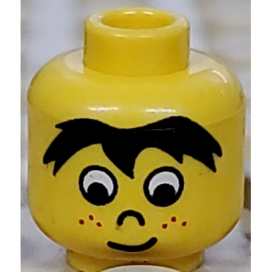 yellow minifigure head black hair white eyes nose red freckles lopsided grin pattern