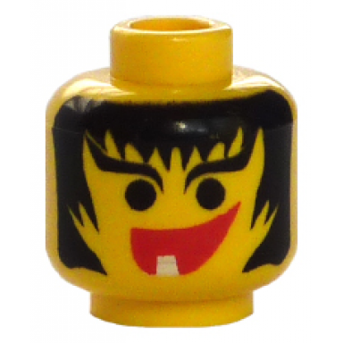 yellow minifigure head female with hair framed face eyebrows and 1 tooth in mouth pattern