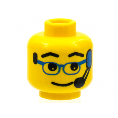 yellow minifigure head glasses with blue glasses and headset pattern