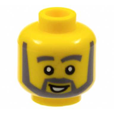 yellow minifigure head dark bluish gray thick eyebrows angular beard and thick sideburns lopsided open mouth smile with white teeth pattern