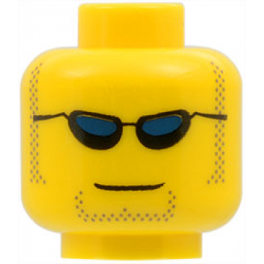 yellow minifigure head black sunglasses with dark blue lenses dark tan sideburns and goatee stubble grin pattern