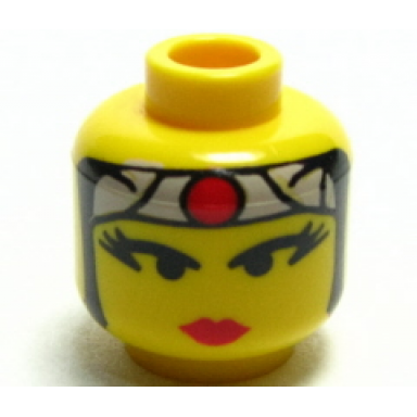 yellow minifigure head female with red lips eyelashes gray headband with red circle pattern
