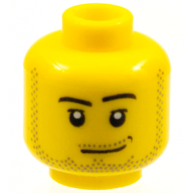 yellow minifigure head male smirk black dimple pupils stubble beard moustache and sideburns pattern