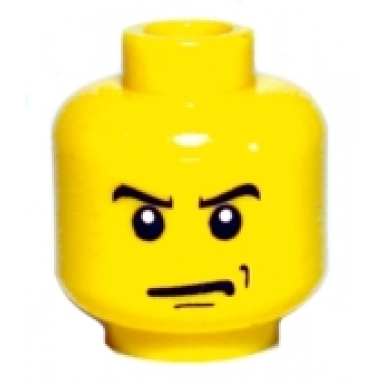 yellow minifigure head male angry eyebrows and scowl black chin and left cheek dimples pattern