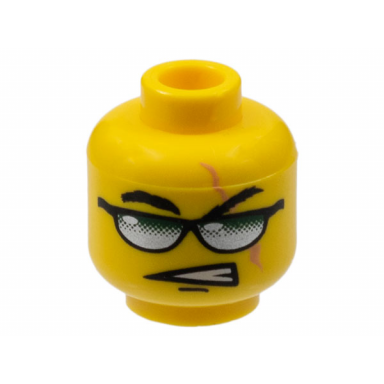 yellow minifigure head glasses with green and silver sunglasses and scar pattern