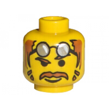 yellow minifigure head brown eyebrows hair moustache and sideburns glasses with silver lenses on forehead smile pattern