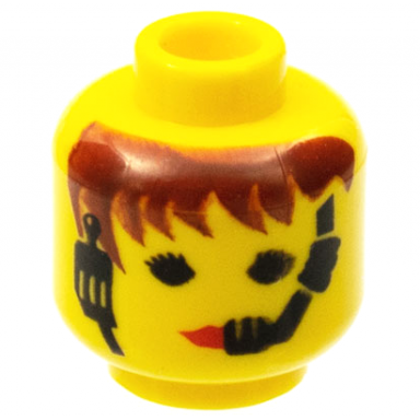 yellow minifigure head female with red lips and headset pattern