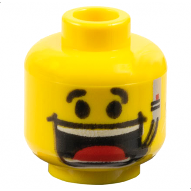 yellow minifigure head black eyebrows headset with microphone huge open mouth smile with teeth parted and red tongue pattern
