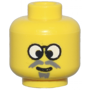 yellow minifigure head crossed eyes black glasses with white lenses dark gray moustache and goatee grin pattern