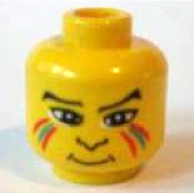 yellow minifigure head black angled eyebrows and nose profile dark turquoise and red face paint lines grin pattern