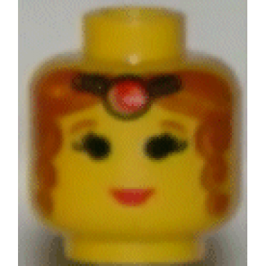 yellow minifigure head female tiara brown curly hair red lips pattern