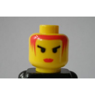 yellow minifigure head female with red lips and red hair angry black eyebrows pattern