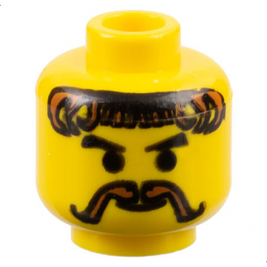 yellow minifigure head moustache and curly brown hair pattern