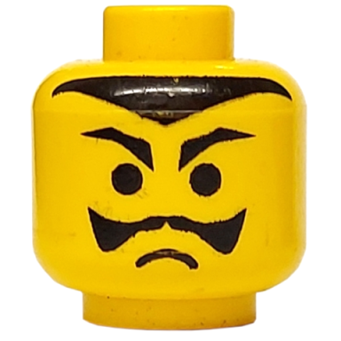 yellow minifigure head black pointed eyebrows moustache and hairline frown pattern