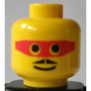 yellow minifigure head black moustache red mask with eye holes standard grin pattern