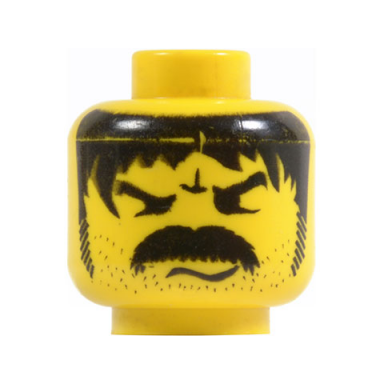 yellow minifigure head moustache thick angry and long hair and stubble pattern