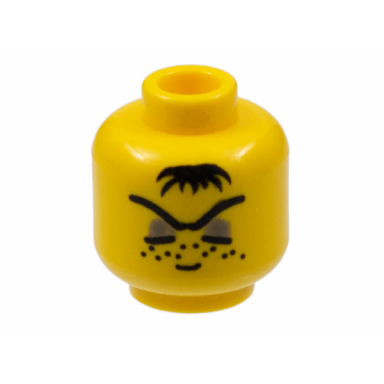 yellow minifigure head black hair tuft closed eyes dark gray eyelids freckles stubble pattern