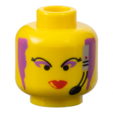 yellow minifigure head female with black thin eyebrows purple hair and eye shadow headset with microphone and red lips narrow pattern