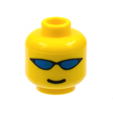yellow minifigure head glasses with blue wrap sunglasses and standard smile pattern