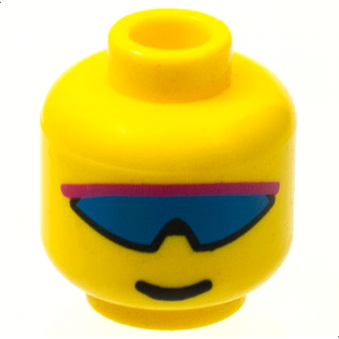yellow minifigure head with blue and light purple wrap sunglasses grin pattern