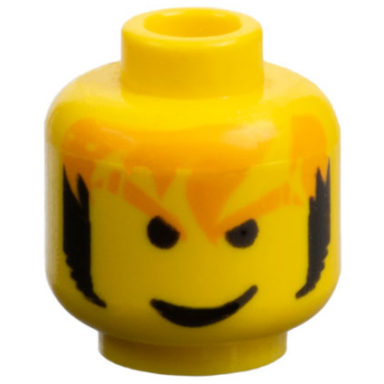 yellow minifigure head male orange eyebrows and messy hair black sideburns smirk pattern