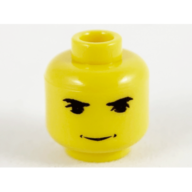 yellow minifigure head black eyebrows upper eyelids grin with dimples pattern