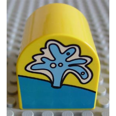 yellow duplo brick 2 x 2 x 2 slope curved double with water spout pattern