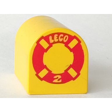 yellow duplo brick 2 x 2 x 2 slope curved double with lego and number 2 on red life preserver pattern