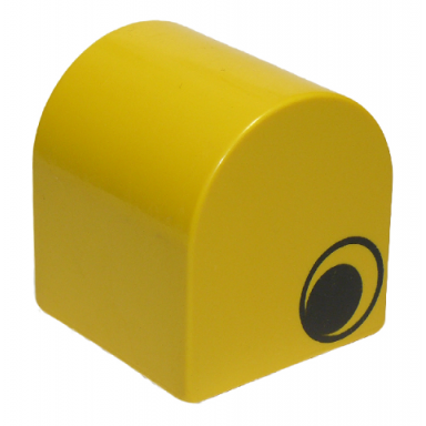 yellow duplo brick 2 x 2 x 2 slope curved double with eye pattern on two sides